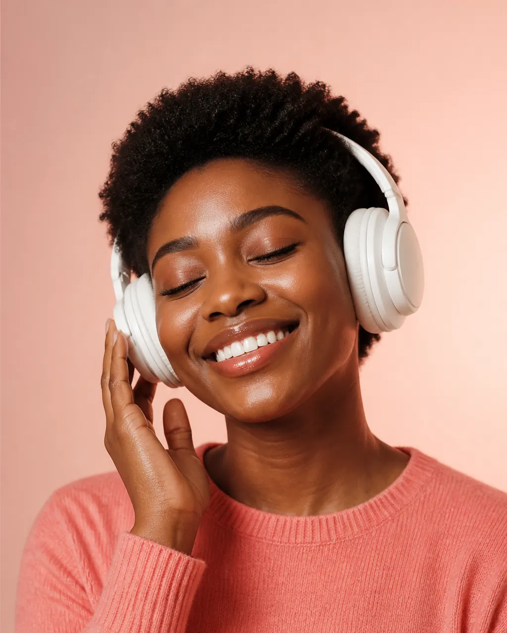 Femme souriante écoutant une chanson personnalisée avec un casque